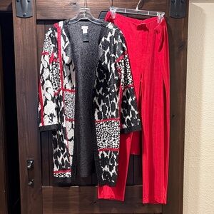 Black and White Patterned Cardigan with Red Pants and top